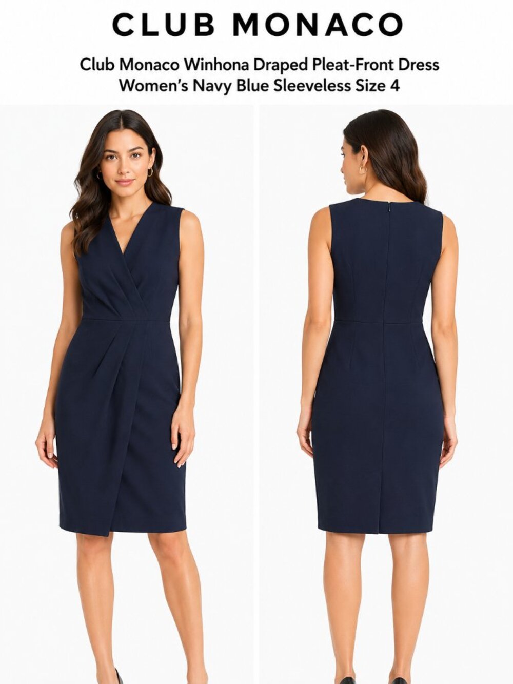Club Monaco Winhona Pleated Wrap Sheath Dress Women's Navy Sleeveless Size 4